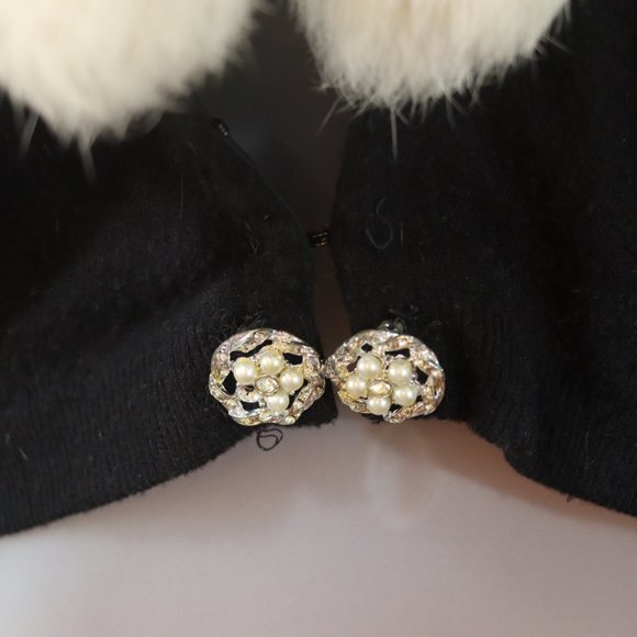 Vintage Hadley Real Mink Fur Collar Black 100% Cashmere Cardigan Sweater LG - Picture 3 of 12